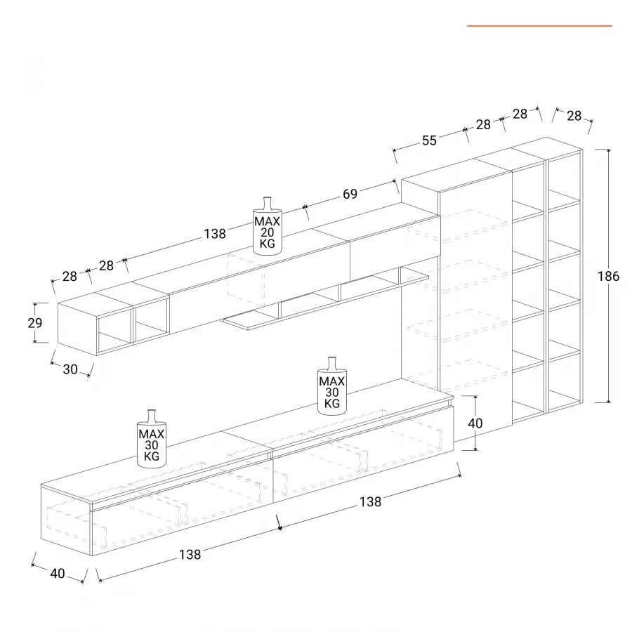 Parete attrezzata 387x40x186h cm in legno ardesia e piombo - Clary