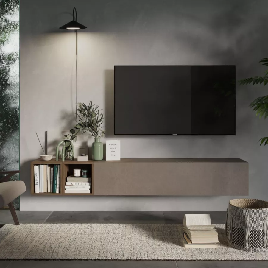 Porta tv sospeso con 2 ribalte, finitura Metal grey