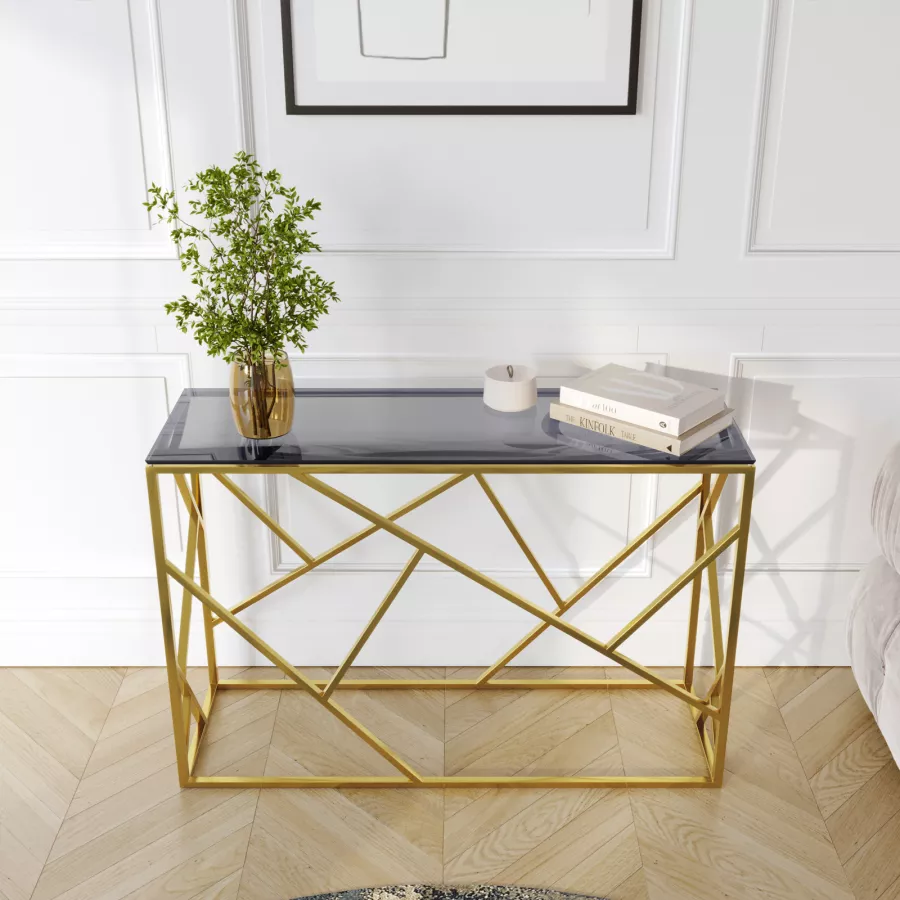 Consolle 120 cm in metallo oro con piano in vetro grigio - Carballo
