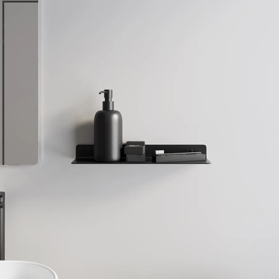 Prime Essentials 2 Mensole Da Bagno Adesive In Alluminio Nero - Con Ventose E Ganci, Installazione Senza Trapano, 30x13x5 Cm