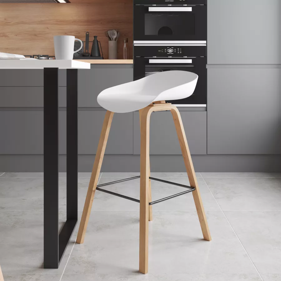 Sgabello in metallo bianco opaco stile industriale con schienale e