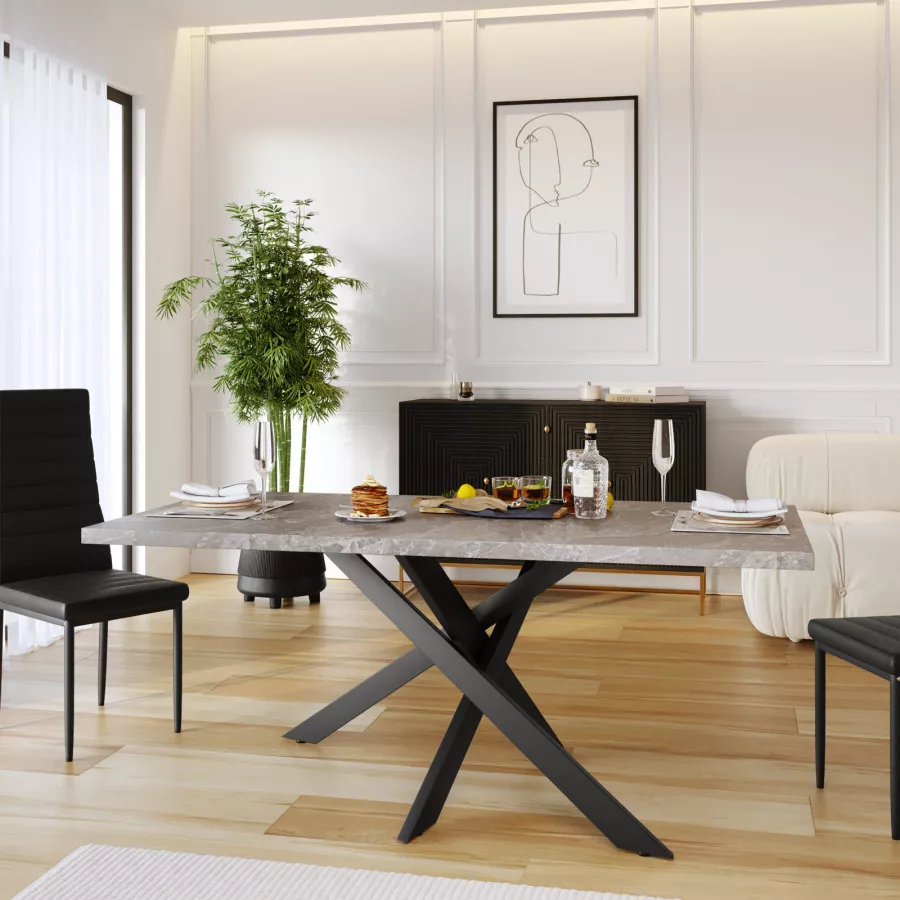 Tavolo 180x90 cm piano in legno effetto marmo e gambe nere asimmetriche -  Asterisco