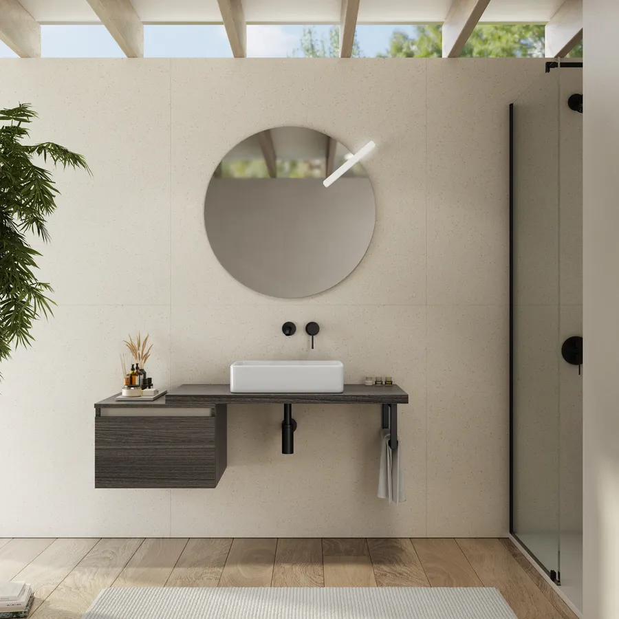 Mobile bagno sospeso 110 cm rovere bianco con cassettone rovere grigio e specchio - Balik