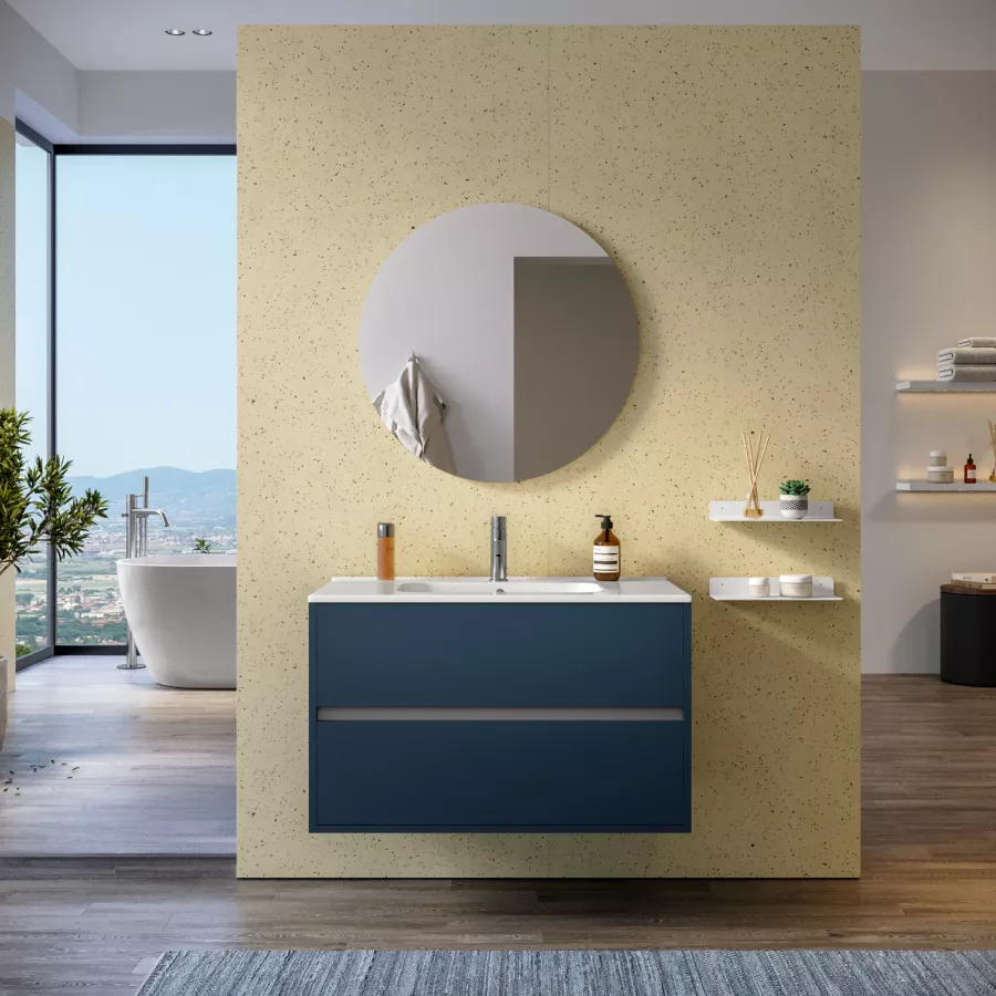 Mobile bagno sospeso 90 cm blu esotico opaco con lavabo e specchio - Dedalo