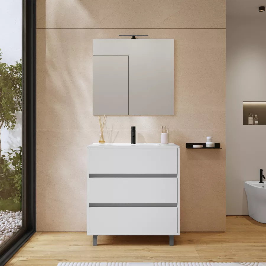 Mobile bagno a terra 80 cm bianco opaco con lavabo e specchio - Calipso