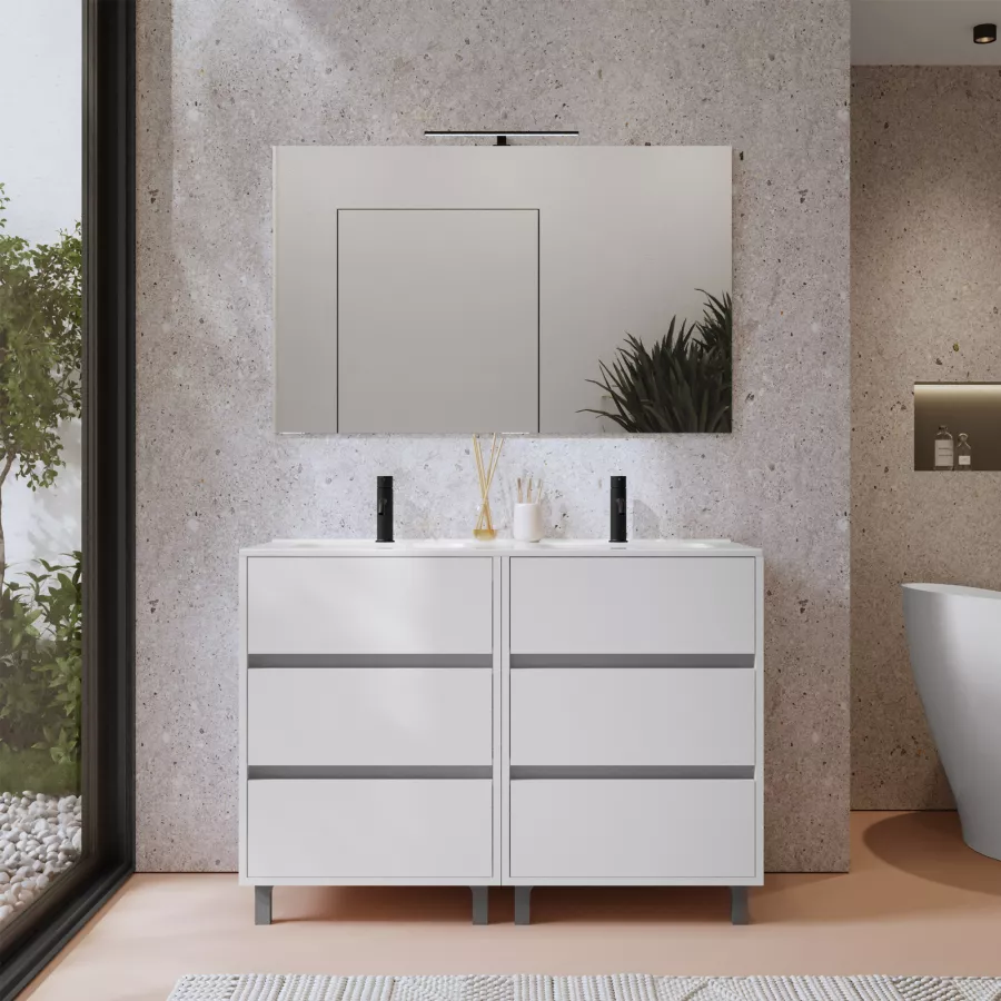 Mobile bagno a terra 120 cm bianco lucido con doppio lavabo e specchio -  Calipso