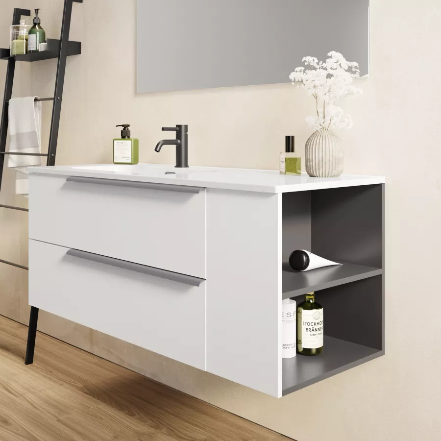 Mobile bagno sospeso 120 cm bianco opaco con vani laterali e specchio -  Ecuador