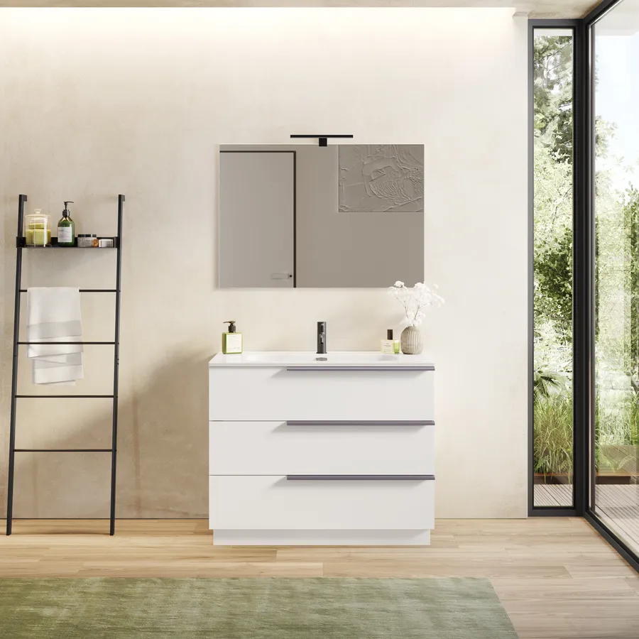 Mobile Bagno White London 100 Cm Con Lavabo, Specchio, Rubinetto E 2 Colonne Incluse - Set Completo Bianco