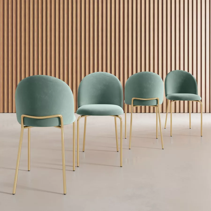 Set 4 sedie in velluto verde salvia con gambe oro - Zilla