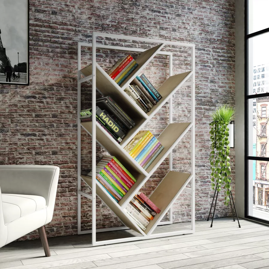 Libreria 80X140h cm con ripiani inclinati in legno rovere sussex e  struttura in metallo bianco - Apta