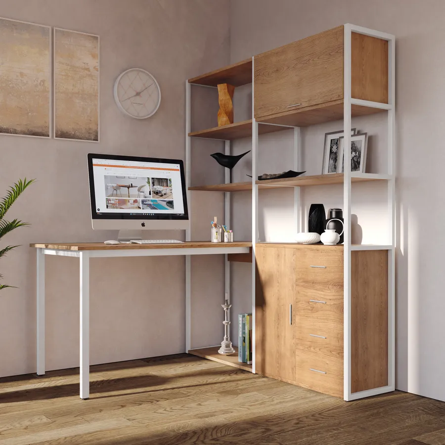 Scrivania 143x150 Cm Effetto Noce Ritz Con Libreria Integrata H184 Cm 
