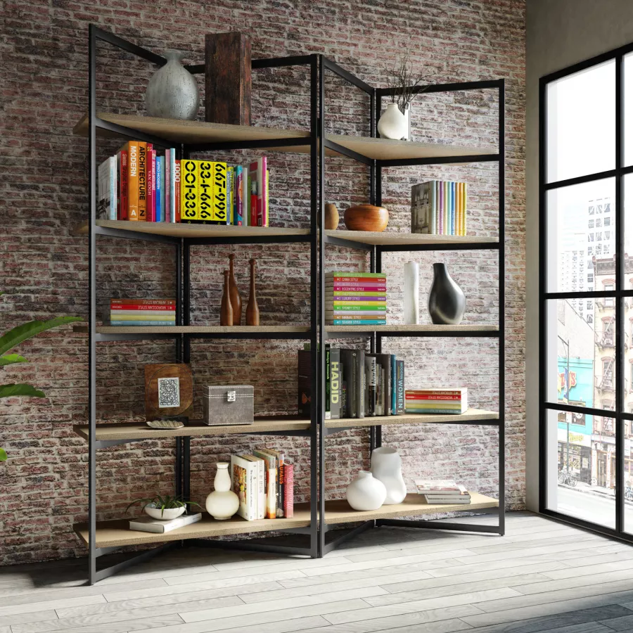 Libreria 180x200h cm con ripiani in legno rovere sussex e struttura a V in  metallo nero 