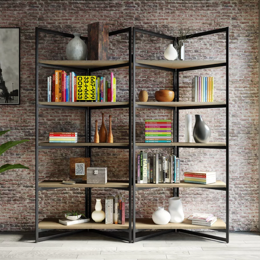 Libreria 180x200h cm con ripiani in legno rovere sussex e struttura a V in  metallo nero - Apta