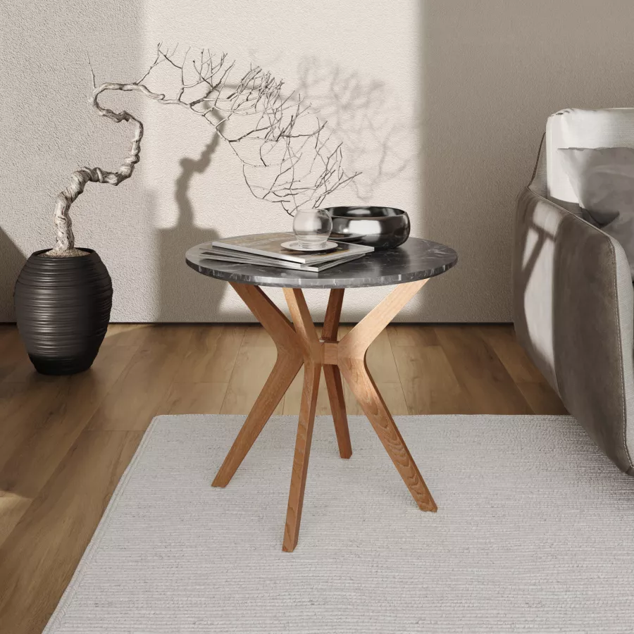 Tavolino rotondo 60x55h cm con piano effetto marmo antracite e gambe rovere  naturale - Aron