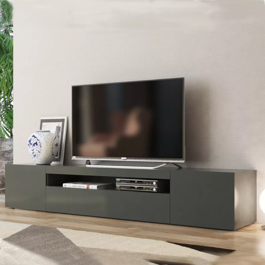 Mobile porta tv 200 cm con ante e vano a giorno in legno antracite lucido -  Rodri