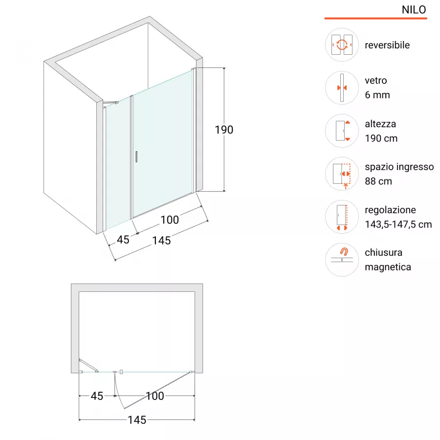 Box doccia nicchia 145 cm battente 100 e lato fisso 45 con profilo nero  190h - Nilo