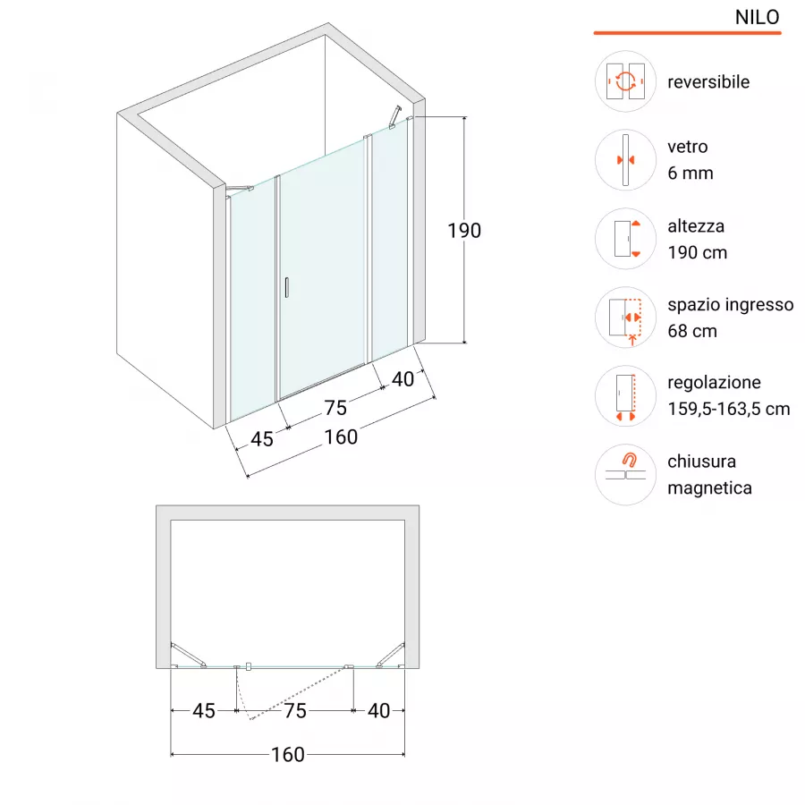 Box doccia nicchia 160 cm 40 giunto + 75 battente + 45 fisso con profilo  nero