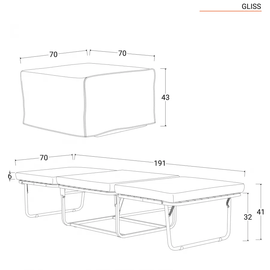 Pouf letto una piazza pieghevole 191x70 cm in tessuto tortora con materasso  - Gliss