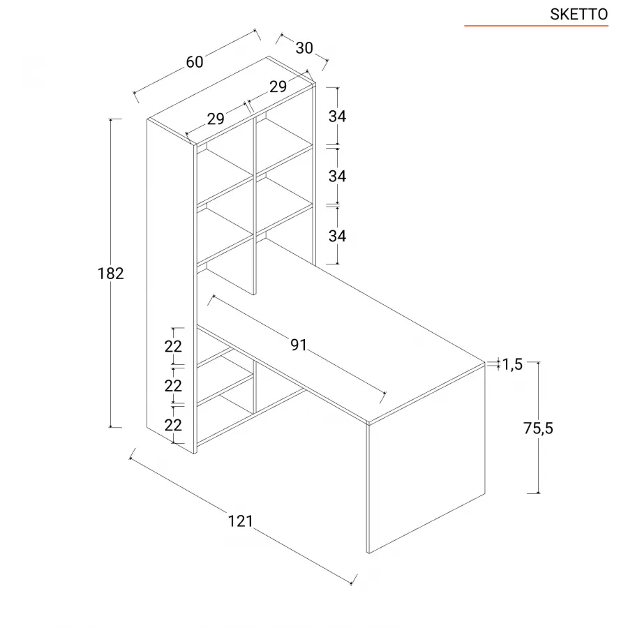 Scrivania 120x60 cm in legno bianco opaco con libreria integrata h182 cm -  Sketto