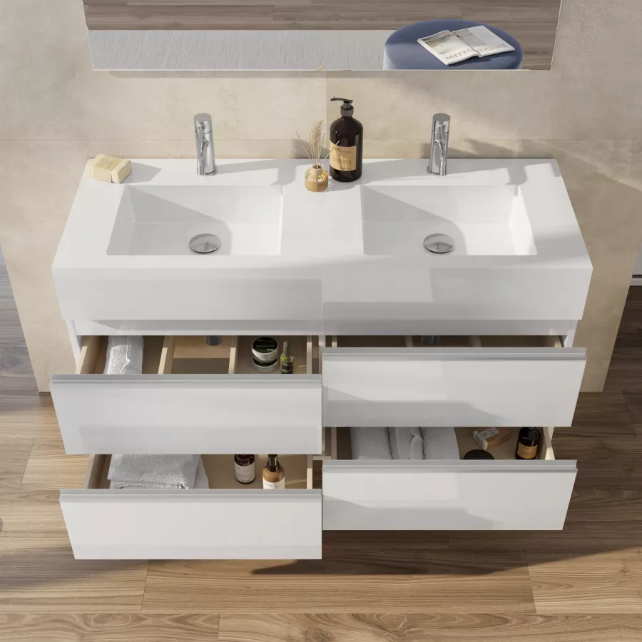 Mobile bagno sospeso 120 cm con maniglie cromo e top lavabo bianco - Rebus