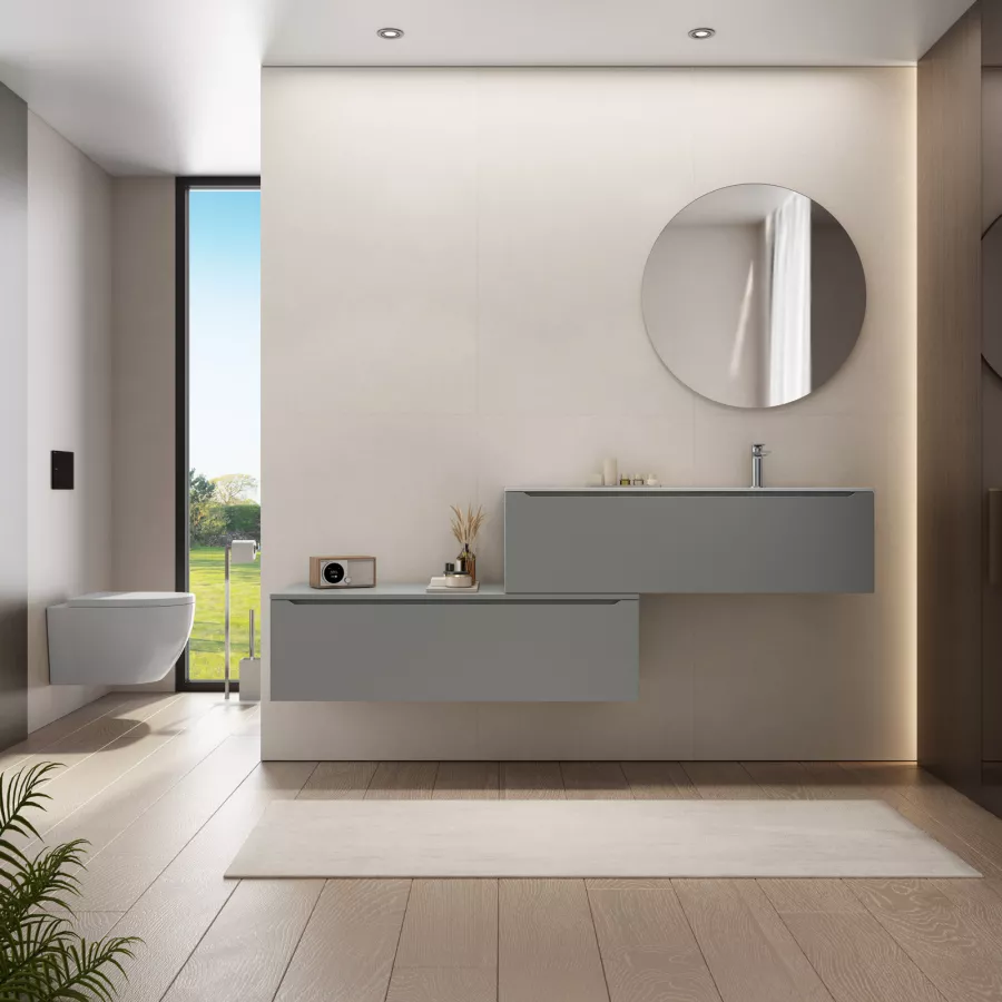 Mobile bagno sospeso 120 cm grigio opaco con lavabo integrato dx e cassetti  - Sleek