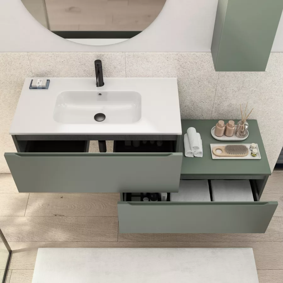 Mobile bagno sospeso 90 cm curvo Minori verde con lavabo e specchio