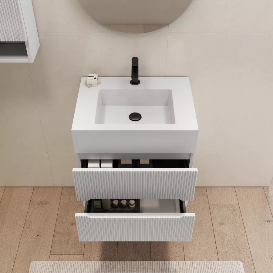 Mobile bagno sospeso 60 cm bianco opaco cannettato con top lavabo bianco  opaco e specchio - Tayga