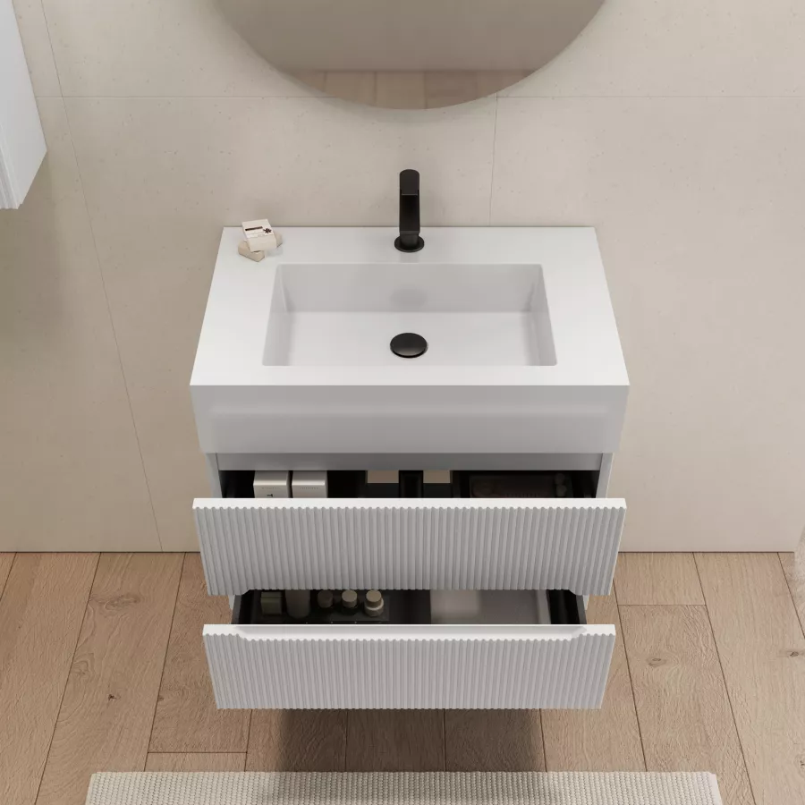 Mobile bagno sospeso 70 cm bianco opaco cannettato con top lavabo bianco e  specchio - Tayga