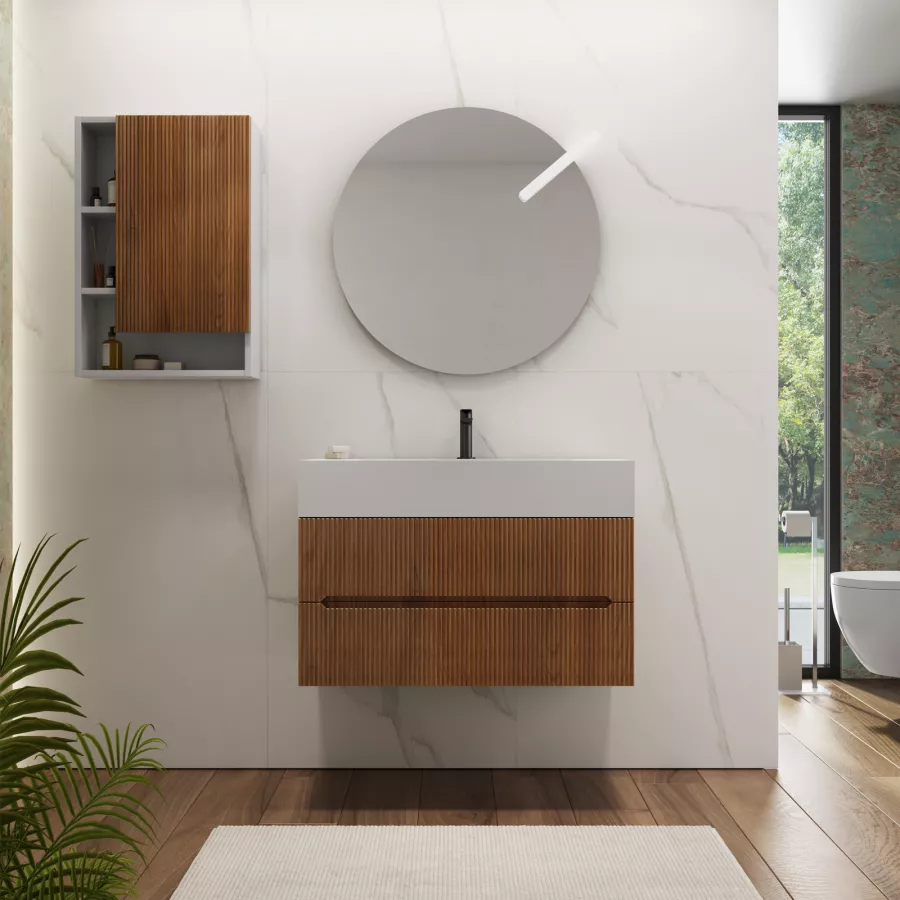 Mobile bagno sospeso 90 cm noce maior cannettato con top lavabo bianco  opaco e specchio - Tayga