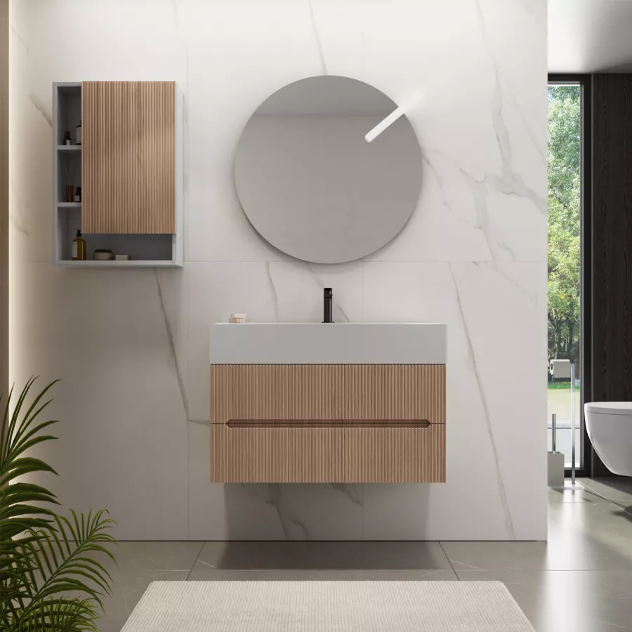 Mobile bagno sospeso 90 cm rovere portofino cannettato con top lavabo bianco  opaco e specchio - Tayga