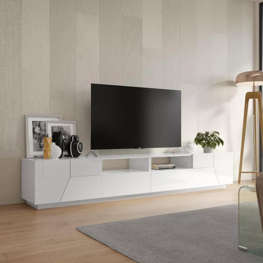 More mobile porta TV moderno 260x43cm parete soggiorno bianco lucido