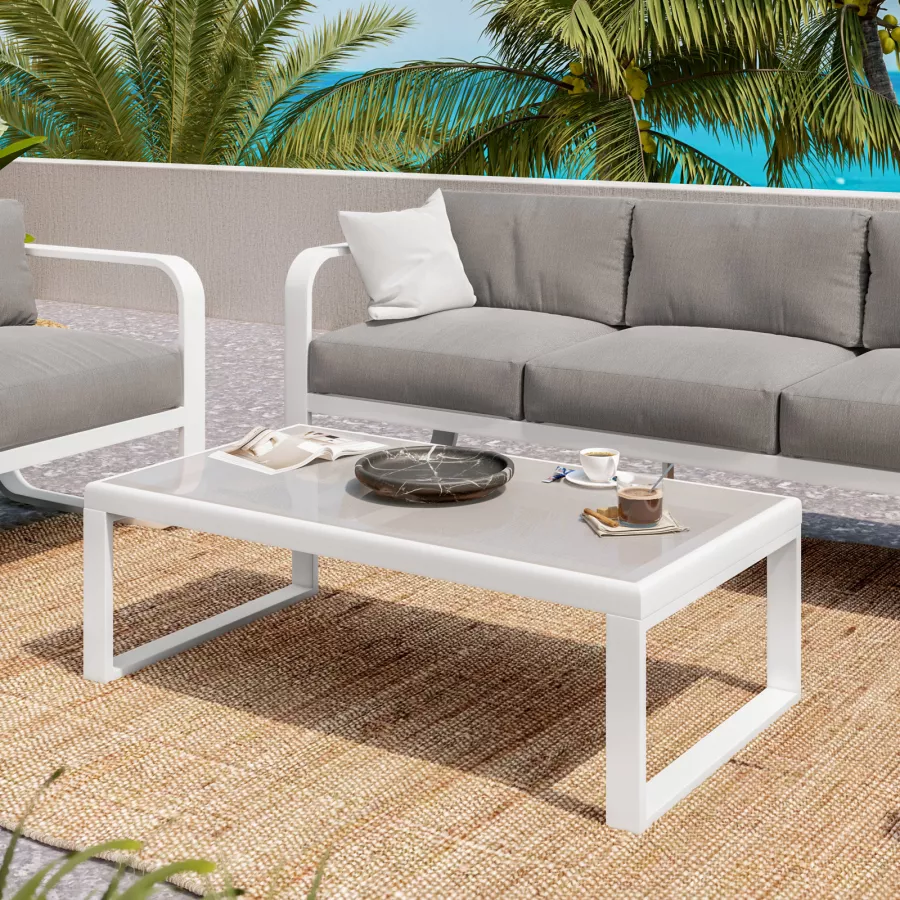 Set relax in alluminio grigio con cuscini naturale e tavolino con top in  vetro - Solara