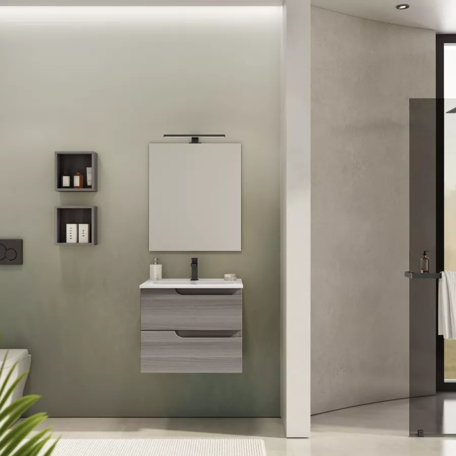 Mobile bagno sospeso 60 cm con lavabo integrato color rovere scuro