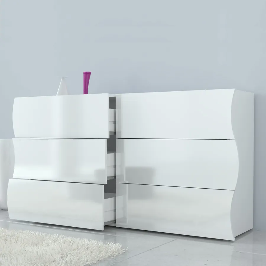 Credenza Moderna Bianca Con 6 Cassetti Push-to-open, Ante Geometriche Senza Maniglie Piedi In Legno Massello 120 40 75 Cm 96356797