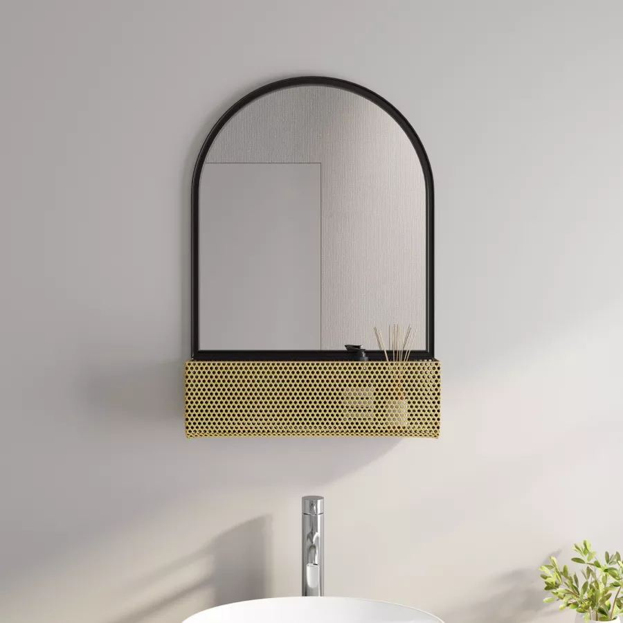 Specchio bagno 50x74 cm in metallo nero con mensola - Azele