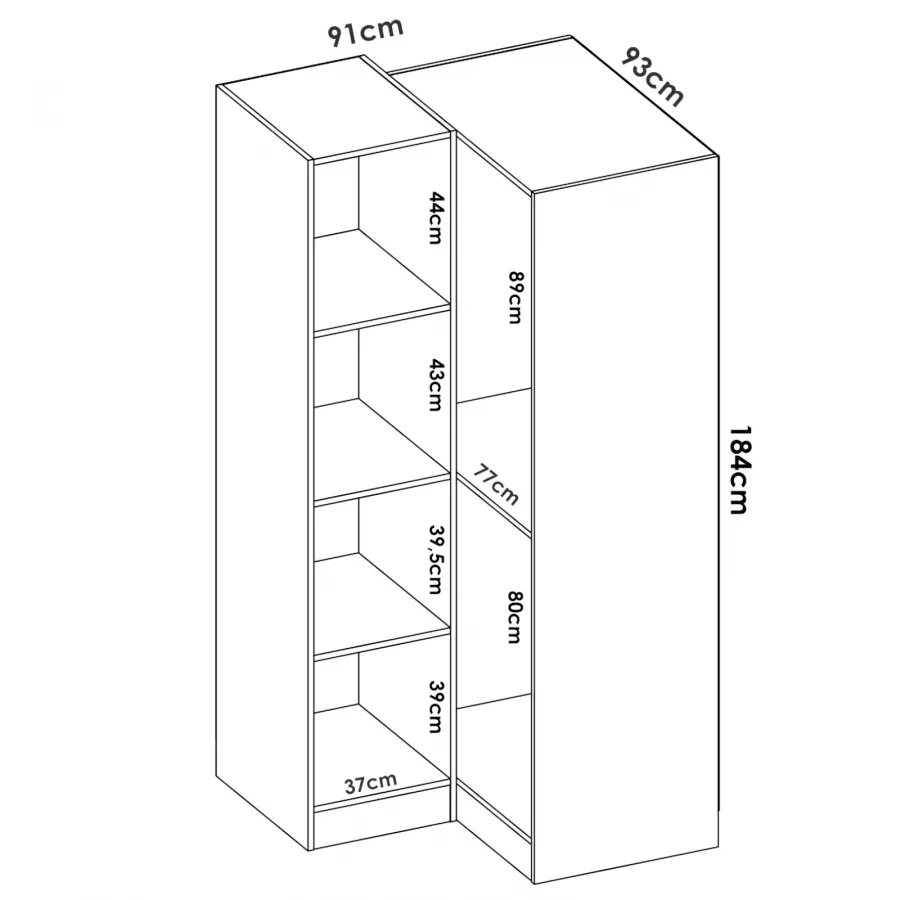 Armadio angolare 174x184 h cm con ante e cassetti in legno rovere