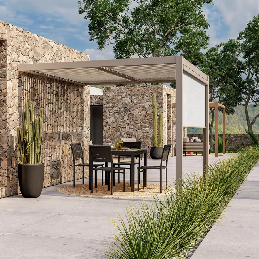 Pergola Bioclimatica Con Tetto Apribile 3,3x2,7m – Gazebo Da Giardino Impermeabile Con Pali In Metallo, Beige