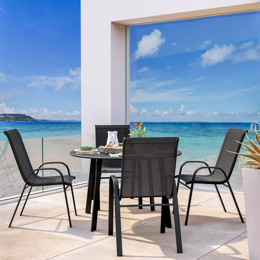 Set pranzo tavolo Ø 120 cm e 4 sedie con braccioli in alluminio e textilene  nero 