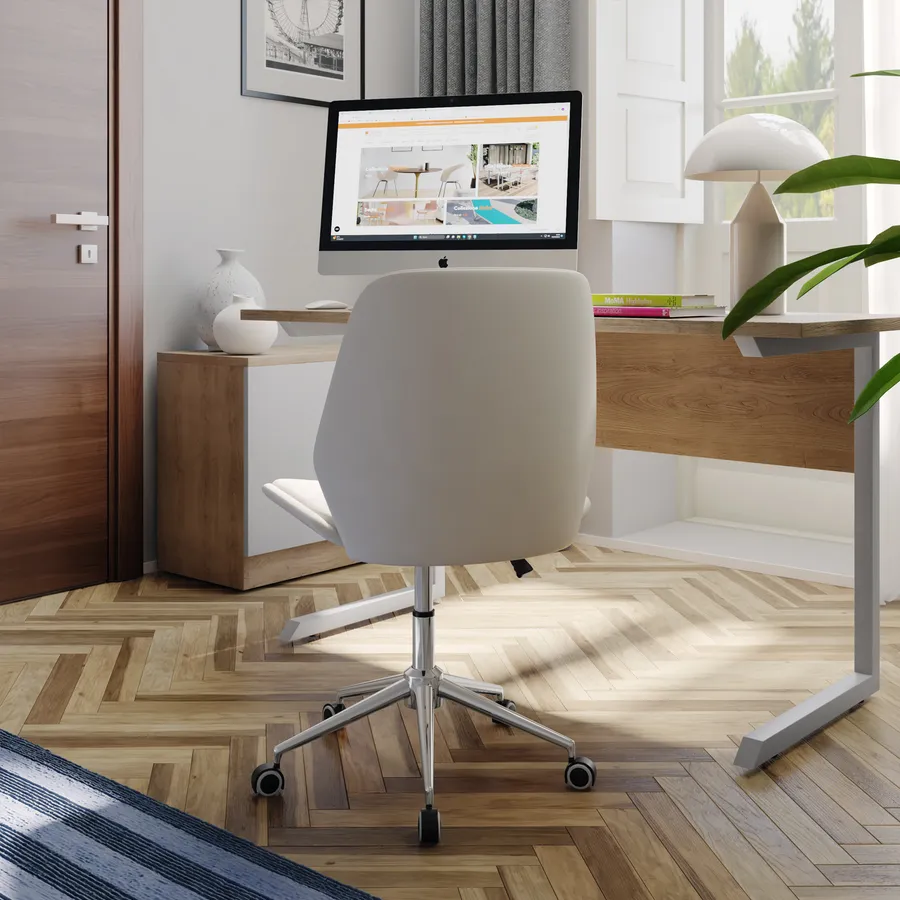 Sedia Da Ufficio Moderna In Pelle PU Beige E Noce, Girevole Con Funzione Dondolo E Altezza Regolabile