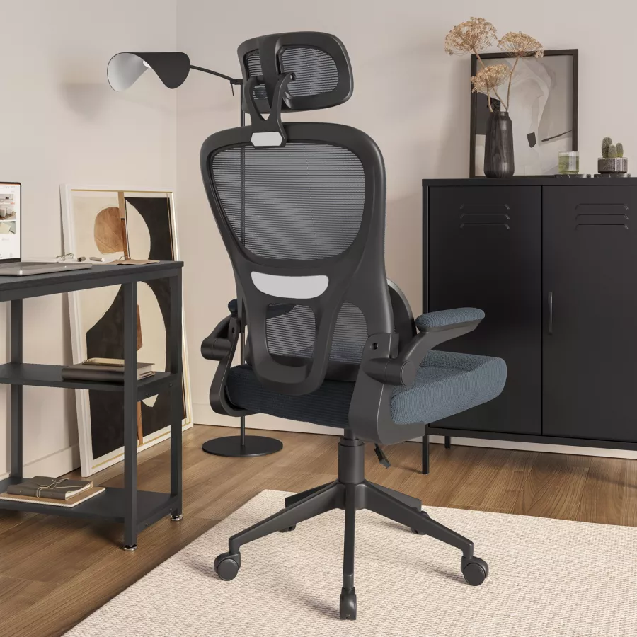Marsail Sedia da ufficio ergonomica in rete, con schienale alto, con supporto lombare adattivo, poggiatesta 2D, braccioli ribaltabili 3D, altezza regolabile e inclinazione a dondolo, per casa, ufficio