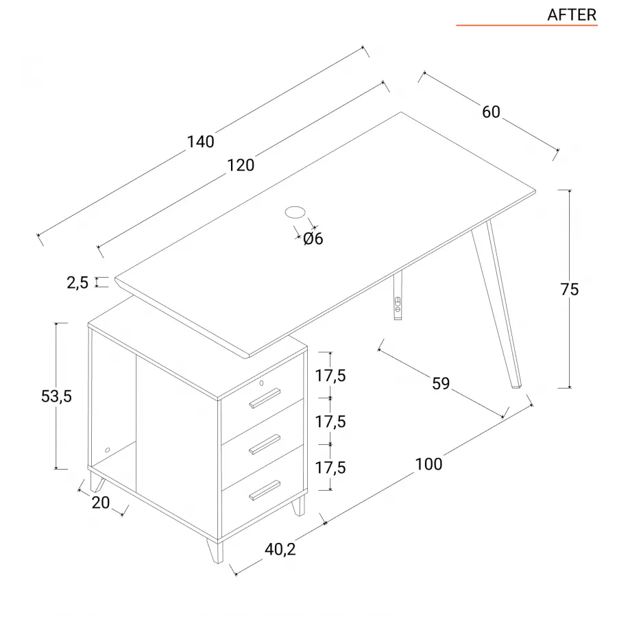 Scrivania 120-140x60 in legno rovere e tortora con gambe in metallo bianco e  cassettiera reversibile 