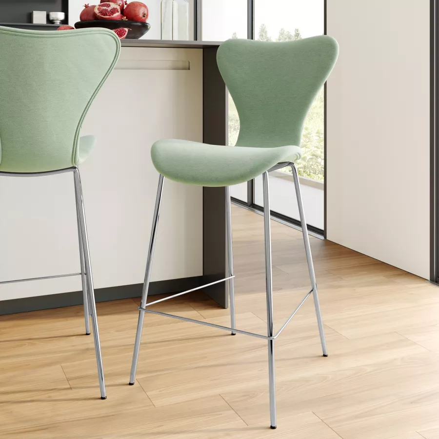 Sgabello in tessuto verde celadon con gambe cromo - Dolly