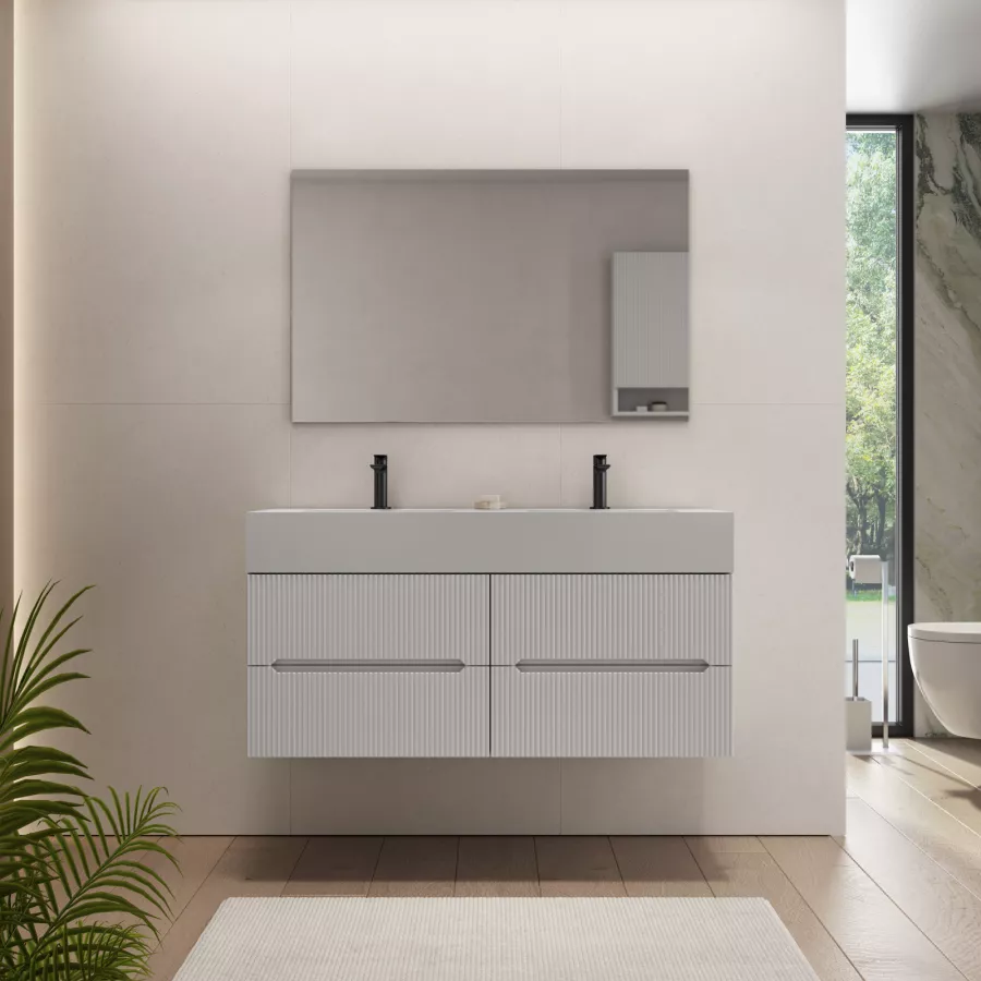 Mobile bagno sospeso 120 cm bianco opaco cannettato con top lavabo bianco e  specchio - Tayga