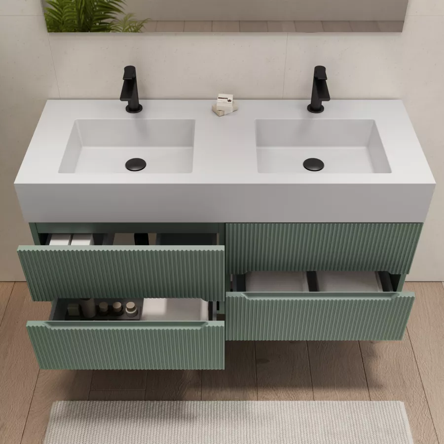 Mobile bagno sospeso 120 cm profondo 51,5 cm eucalipto colonna sx