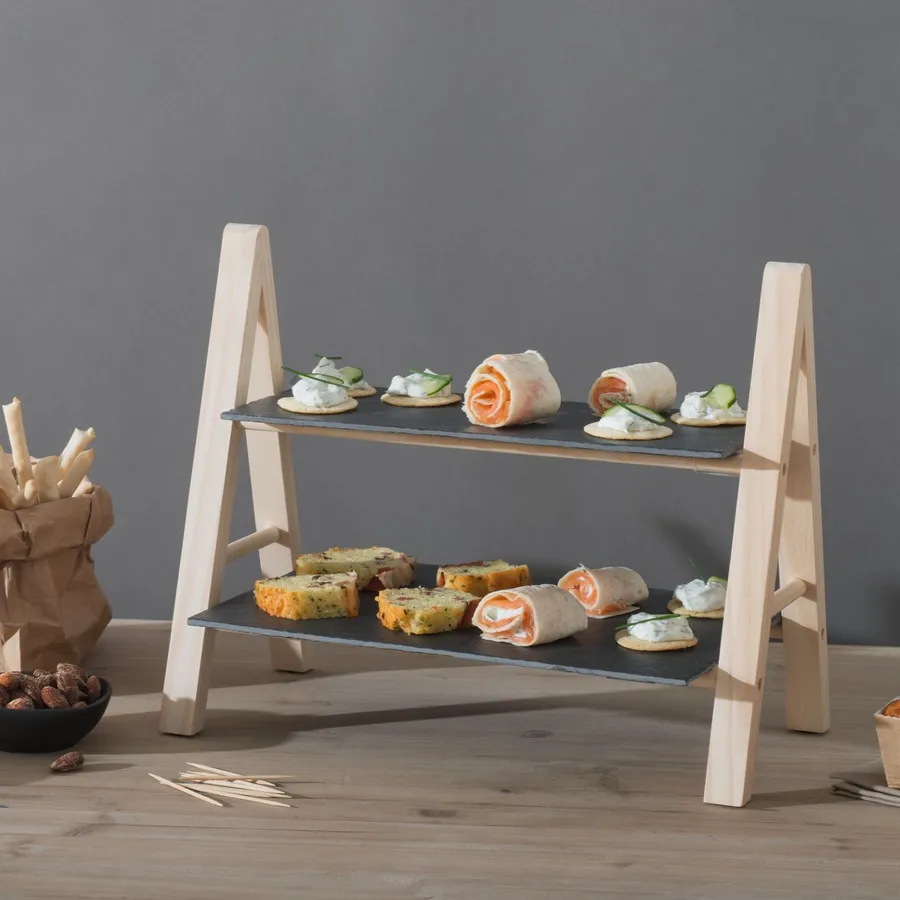 UISEBRT Alzata Per Frutta A 2 Ripiani, In Metallo, Rimovibile, Per Frutta E Verdura, Con Manico In Legno, Per Frutta, Verdura, Pane, Pane, Snack, Nero