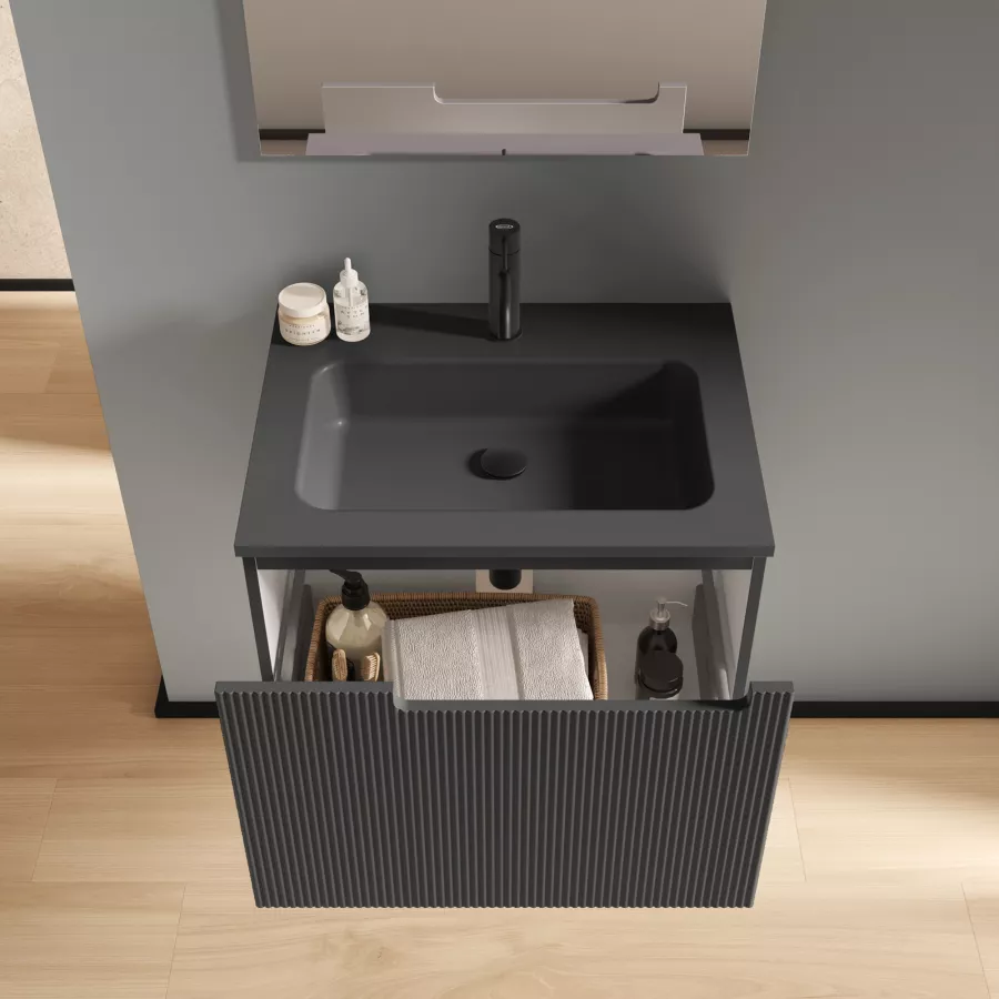 Mobile bagno sospeso 60 cm cannettato con lavabo grigio notte e specchio -  Konai