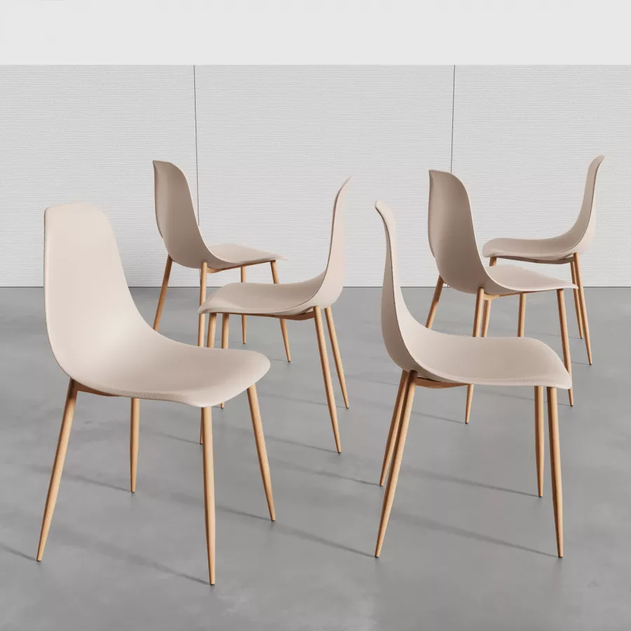 Set 6 sedie in polipropilene beige con gambe effetto legno - Kaily