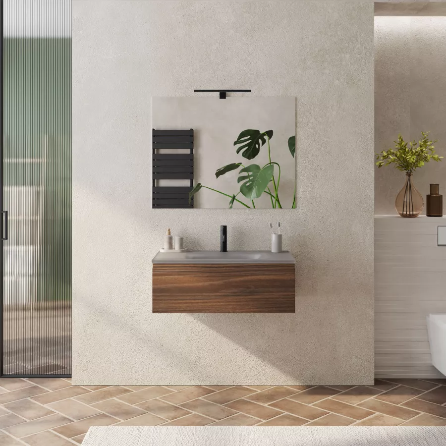 Mobile bagno sospeso 80 cm rovere deciso con lavabo in vetro marrone kodiak  e specchio - Verano