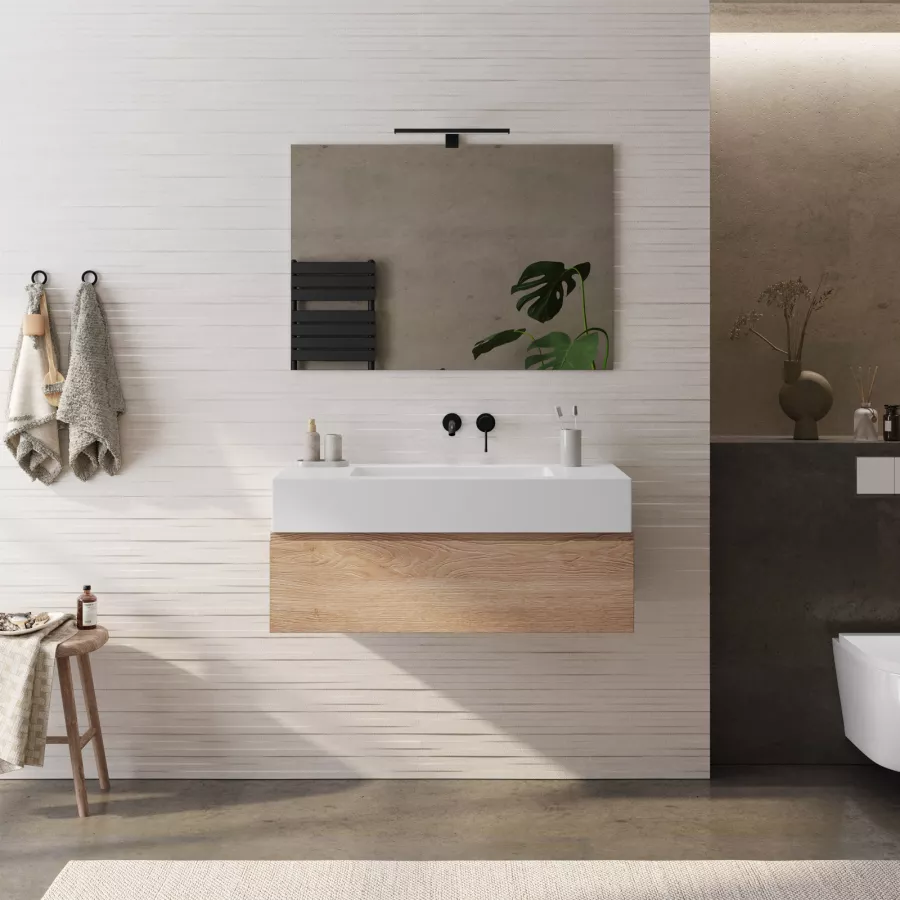 MOBILE BAGNO SOSPESO 100CM BIANCO LUCIDO TOP ROVERE LAVABO A