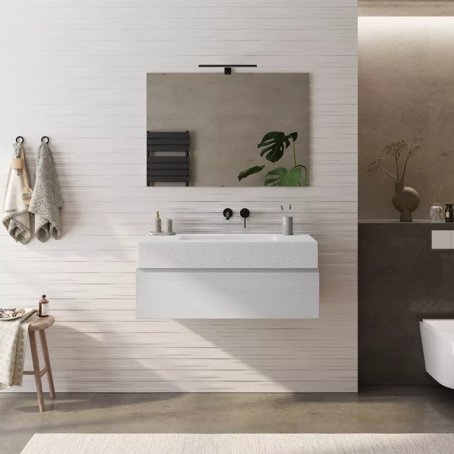 Mobile bagno sospeso 100 cm bianco petalo con top lavabo bianco effetto  pietra e specchio - Verano